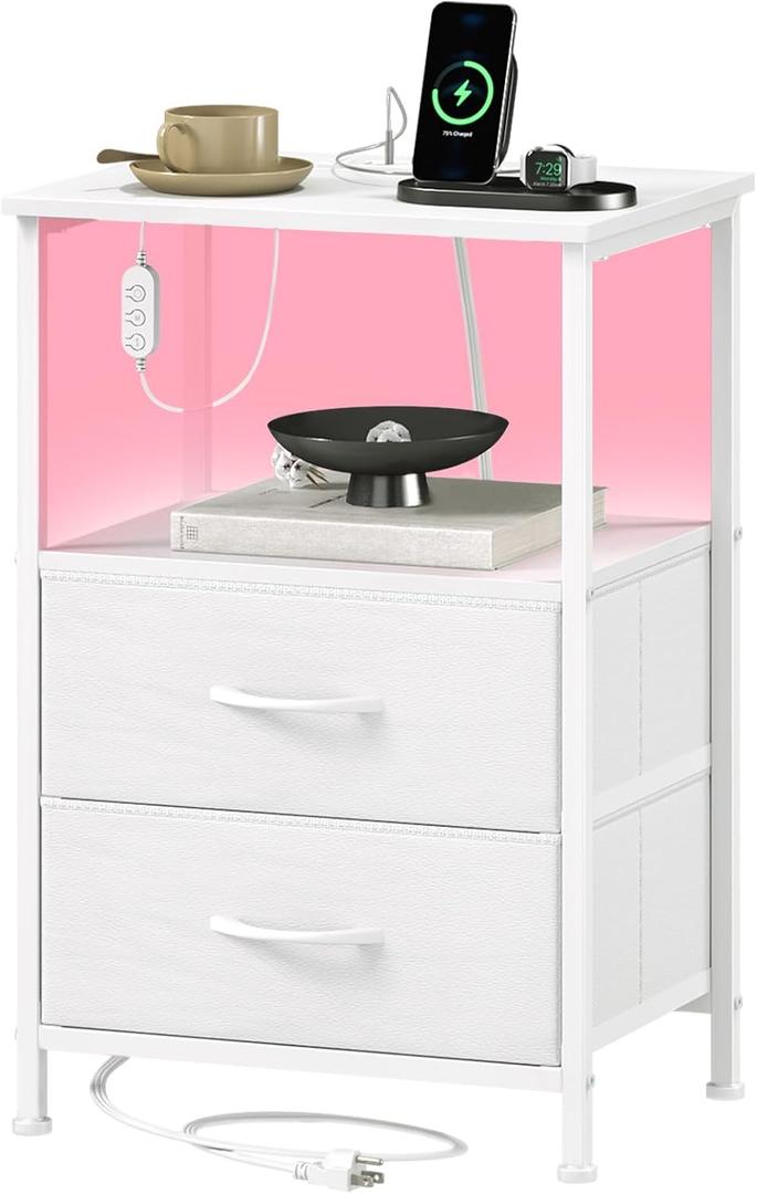 Somdot White Nightstand with Charging Station and LED Light for Bedroom, 2 Drawers Dresser with Fabric Bins for Bedside Kids Dorm Room Closet Laundry Entryway, White Leather