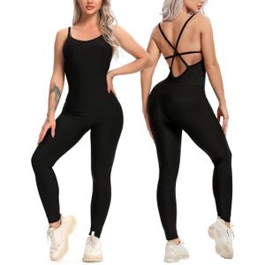 KIWI RATA Womens Sexy Bodycon Backless Jumpsuit Workout One-Piece Cacual Sculpted Bodysuit Sport Romper (Black, XL)