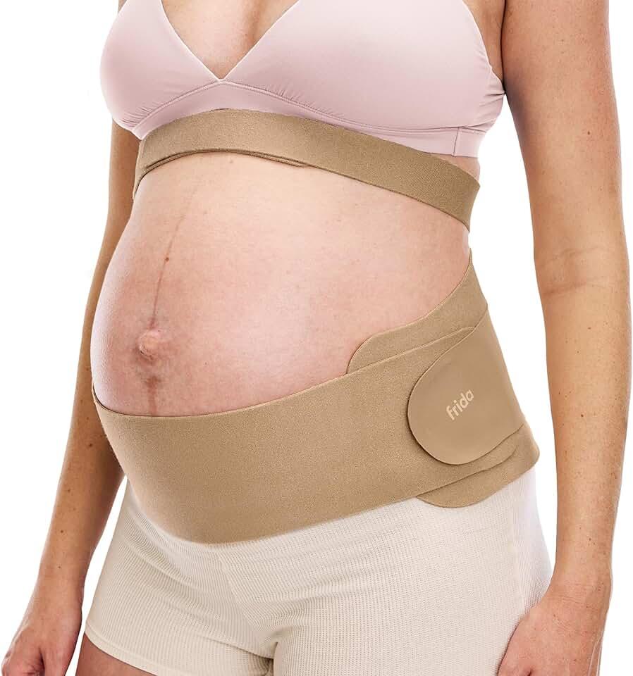 Frida Mom Dual Support Pregnancy Belly Band S/M, Maternity Belly Band with Ultimate Support Back, Hip & Pelvic, Adjustable, Lightweight, Breathable & Comfy, Supports Bump as Baby Grows, Clay