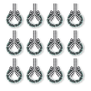 Retrowavy 12 Pcs Christmas Kitchen Cabinet Wreaths with Ribbon 3.94 Inch Mini Christmas Wreath Small Kitchen Xmas Decor for Window Door(Black and White Plaid,Snowy Style)