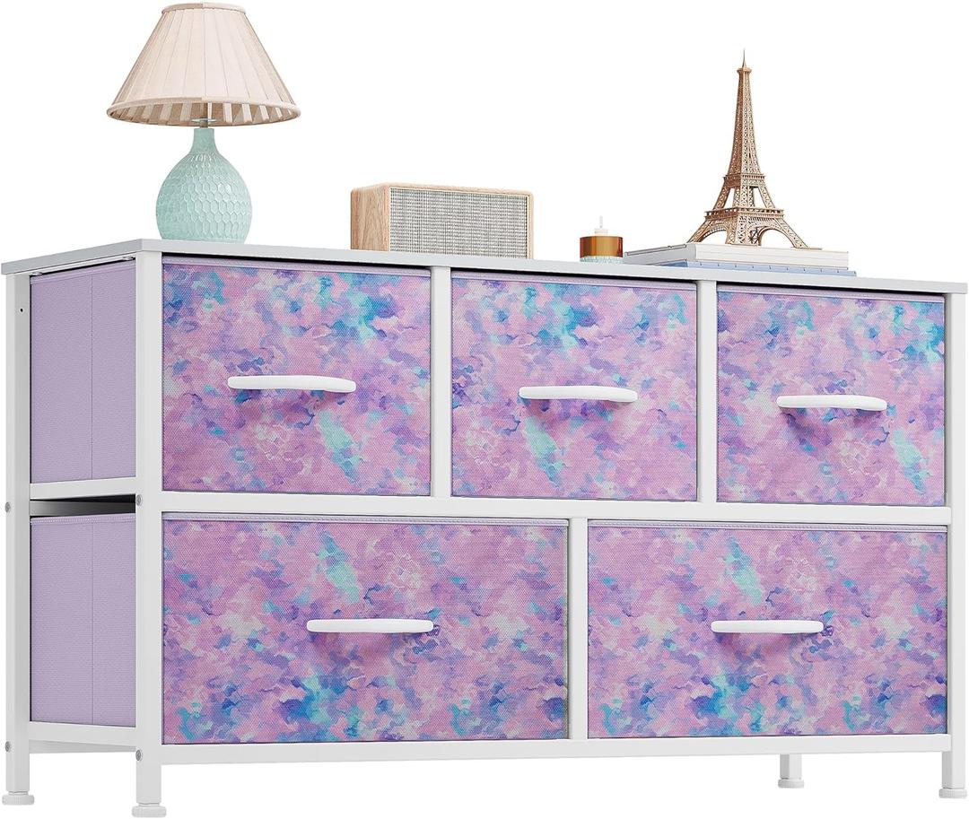 YITAHOME Wide Storage Tower with 5 Drawers - Fabric Dresser, Organizer Unit for Bedroom, Living Room, Closets - Sturdy Steel Frame, Easy Pull Fabric Bins & Wooden Top (Tie Purple)