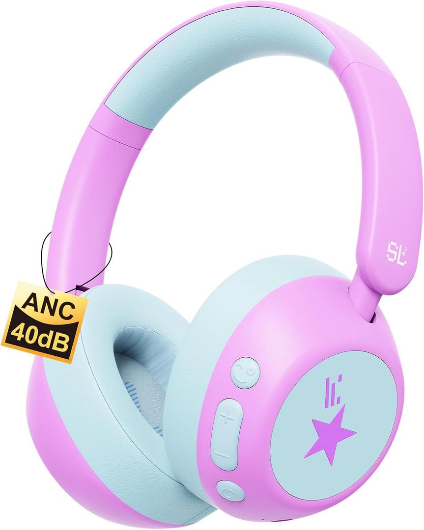Steellumen Nova1Star Active Noise Cancelling Headphones for Kids, 70H Play Time,Bluetooth6.0,3-Level Volume 75/85/94dB,ANC Safe Wireless Listen, Fast Charging,with Mic,for School,Travel & Airplane (Purple)