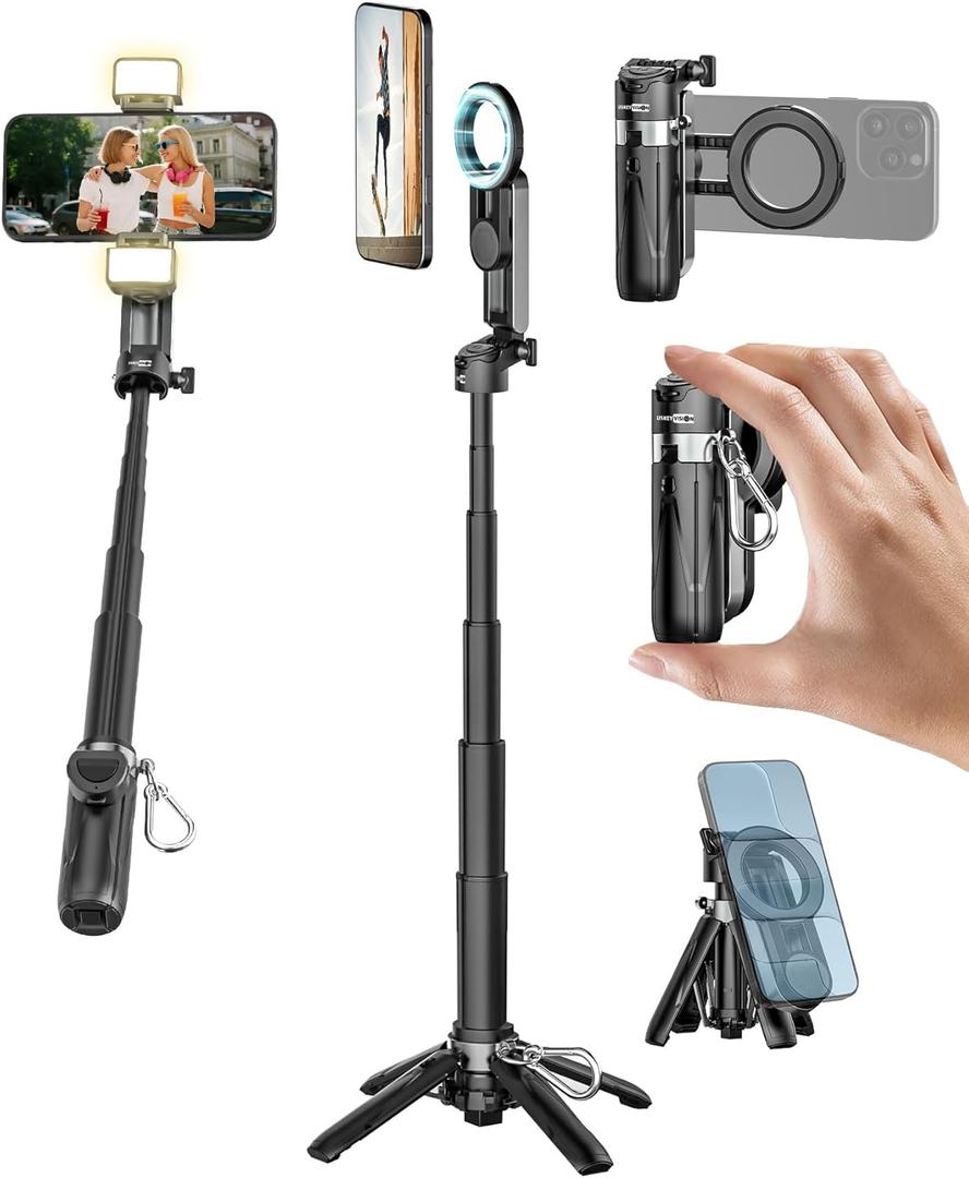 USKEYVISION Magnetic Pocket Selfie Stick for iPhone with Light for MagSafe 4 in 1 Portable Pocket Phone Tripod for iPhone & Android W/Rechargeable Remote, Removable Phone Clip, Video Recording(MPT-02)