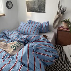 Vintage Blue & Red Striped Comforter Set Full Size - Soft Cotton 3-Piece Bedding Set (1 Comforter + 2 Pillowcases), Retro Geometric Stripes Pattern, All-Season Lightweight & Breathable