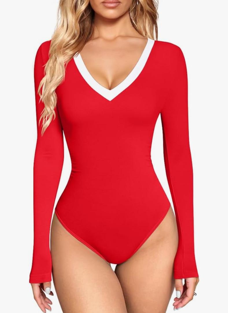 OQQ Women's Bodysuit Tops Contrast-Trim V Neck Long Sleeve Seamless Bodysuits, XL
