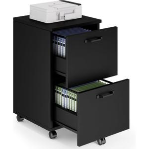 Sweetcrispy 2 Drawer Filing Cabinet Black, Rolling Wood File Cabinets with Printer Stand Under Desk Storage Lockable Wheels, Home Office Organizer