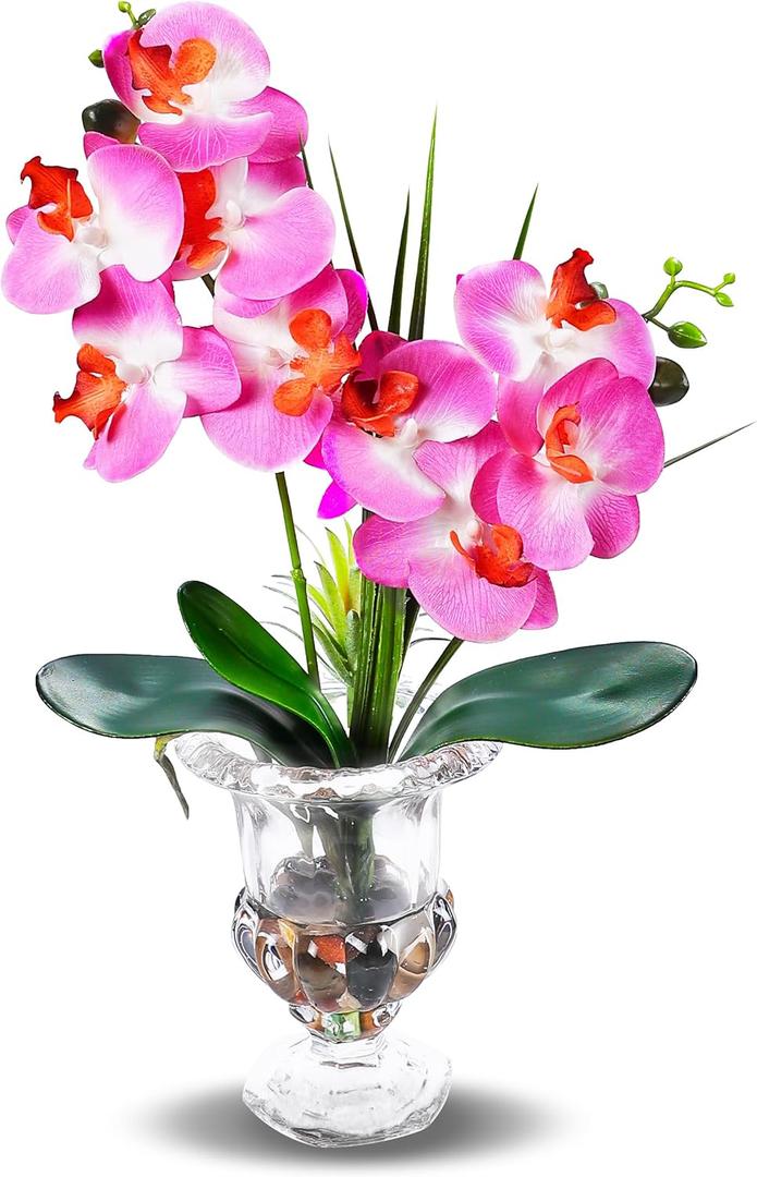 Jusdreen Artificial Purple Orchid Centerpiece, 14.5 Inch Phalaenopsis in Glass Vase with Potting for Home Office Table Decor, Realistic Orchid Arrangement