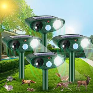 4 Pack 2025 Solar Ultrasonic Animal Repellent Outdoor Deer Repellent Devices Motion Detection Waterproof Cat Skunk Dog Raccoon Squirrel Rabbit Deterrent Animal Repeller Flash Light for Yard Farm