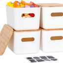 Citylife 4 PCS Storage Bins with Bamboo Lids Plastic Storage Containers for Organizing Stackable Storage Box with Handle, 10.23 x 7.08 x 6.3 inch (White)