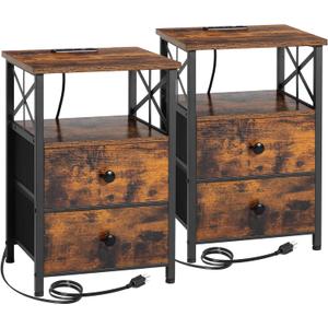 AMHANCIBLE Night Stand Set 2, Nightstand with Charging Station, End Tables Living Room with USB Ports and Outlets, Bedside Tables with Fabric Drawers for Bedroom, Rustic Brown HET05XBR (Rustic Brown)