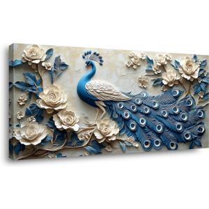 Navy Blue Peacock Wall Art for Living Room Office Elegant Animal Peacock and Roses Painting Prints Vintage Canvas Artwork Girls Bedroom Dcor Ready to Hang (16x32 Inches) (30L" x 16W")