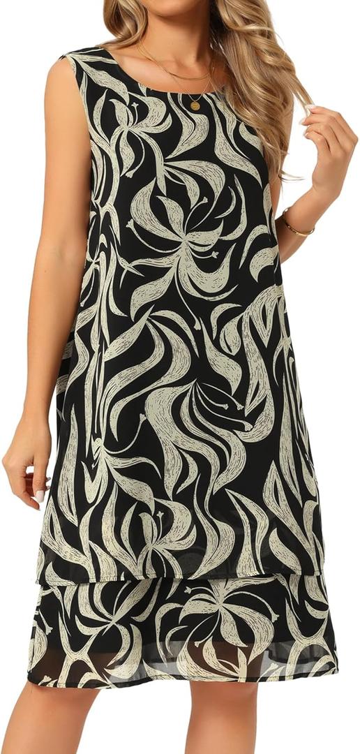 Seta T Women's Chiffon Dress Sleeveless Floral Print Crewneck Tiered Layered Flowy Sundress Casual Wedding Outfits (XL)