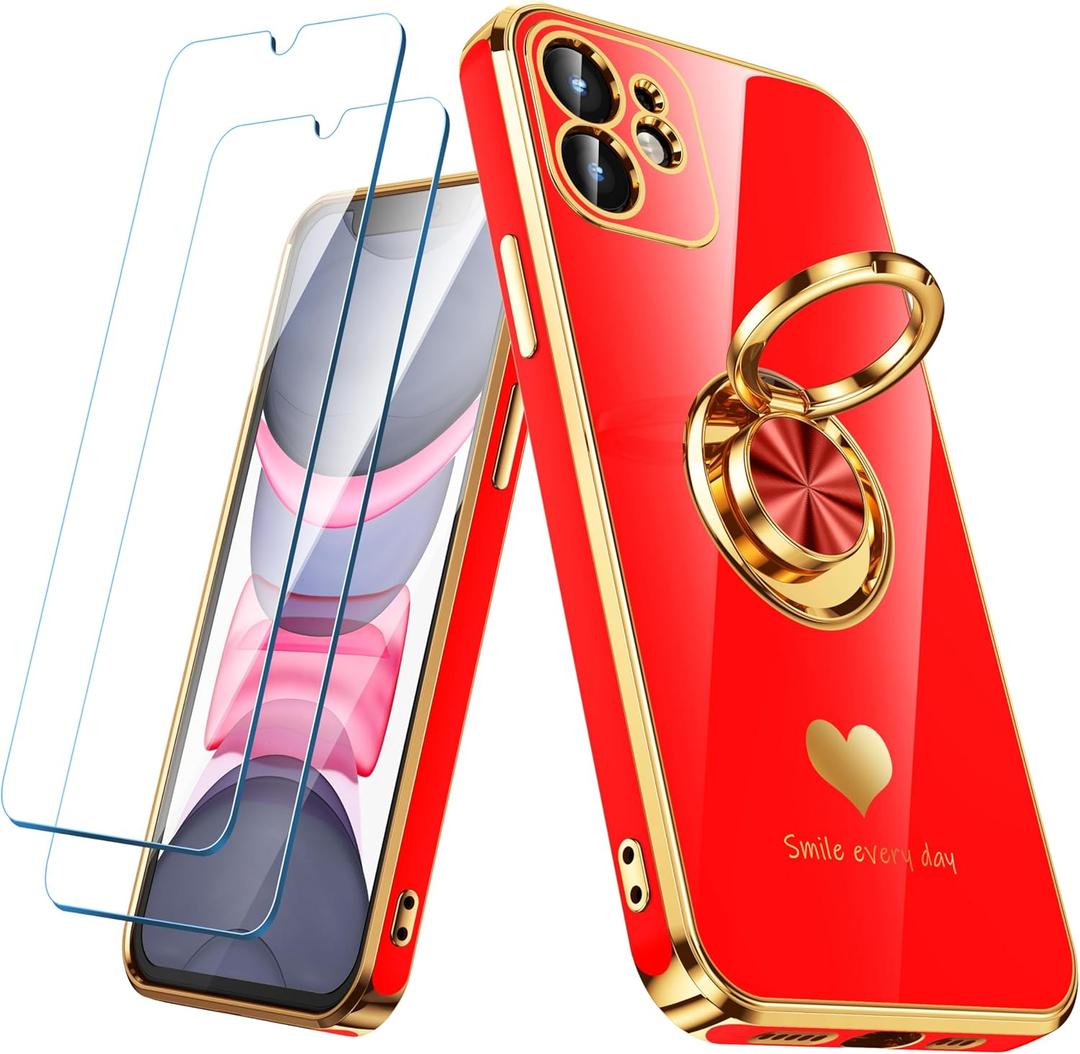Compatible for iPhone 12 Case with 2 Pack Screen Protector, 360 Rotatable Ring Holder [Luxury Hearts Pattern] Plating Gold Edge Slim Soft Phone Cover Case for iPhone 12 - Red