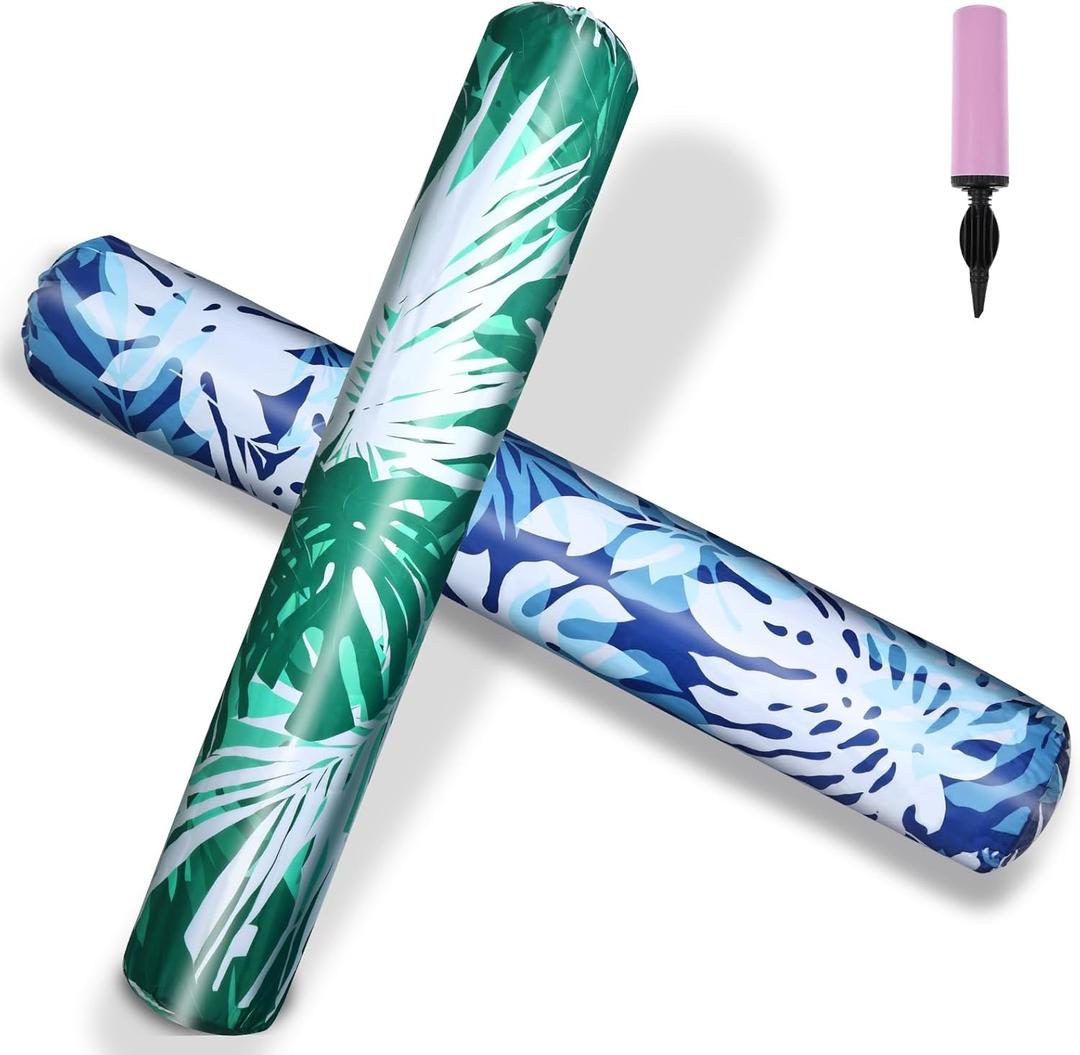 Extra Large Inflatable Swim Pool Noodles - 2 Pack Soft Fabric Covered Large Noodles for Floating, Premium Buoyancy and Comfort for Adults (Blue + Green Tropical Leaves Theme)