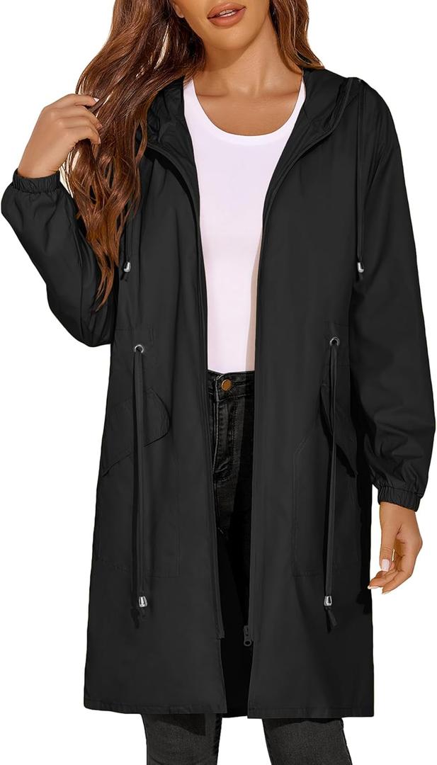 ELESOL Women Rain Jacket Waterproof Long Rain Coats Hooded Windbreaker Lightweight Raincoats Travel Hooded Trench Coats S-3XL (Large, black)