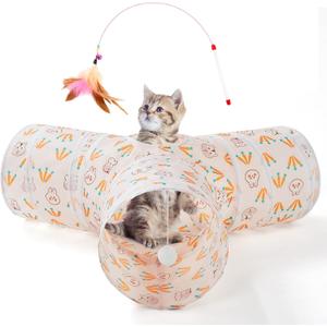 Tempcore Pet Cat Tunnel Tube Cat Toys 3 Way Collapsible, Cat Tunnels for Indoor CatsKitty Tunnel Bored Pet Toys Peek Hole Toy Ball, Puppy, Kitty, Kitten, Rabbit