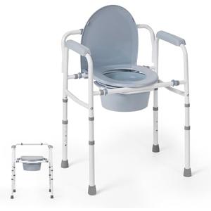 Careboda Bedside Commode Chair with Bucket for Seniors, Portable Extra Wide Commode Seat for Toilet, Folding Steel Chair with 5 Adjustable Heights, 300 Pound Support Capacity, 7.5 Qt. Bucket