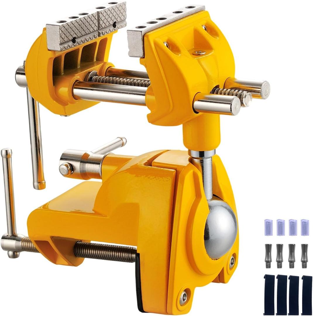 Bench Vise, 360 Swiveling Articulating Vise, Clamp-On Vise for Workbench, Cast Steel Table Clamp Vise, Pipe Vise, Bench Vice for Woodworking, DIY, Drilling, Sawing, Metal Working (Yellow)