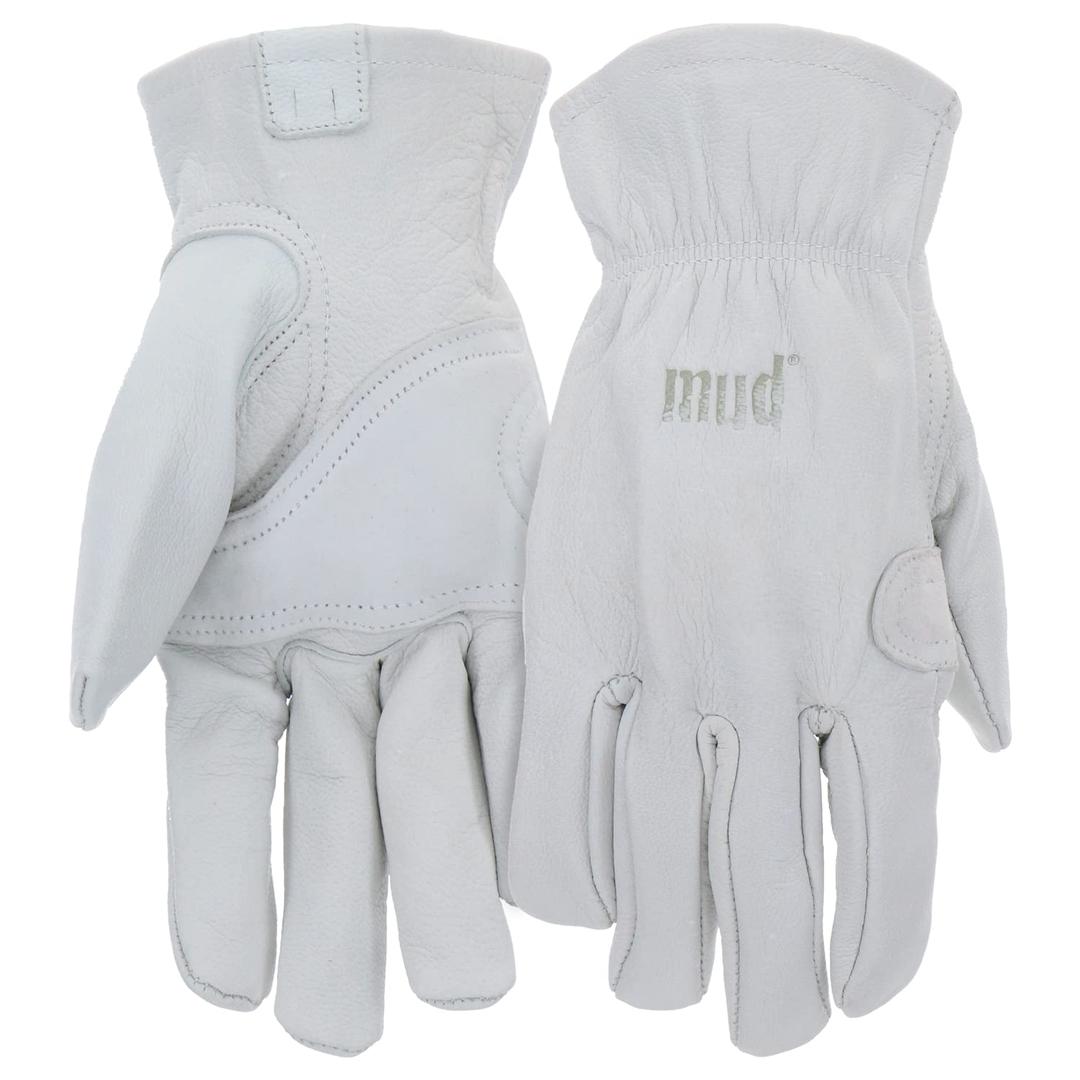 MUD Classic Women's Durable Goatskin Leather Driver with Padded Palm Patch Work Gloves, Abrasion Resistant, Keystone Thumb, Extreme Comfort, White, Small/Medium, (MD82001-WSM)