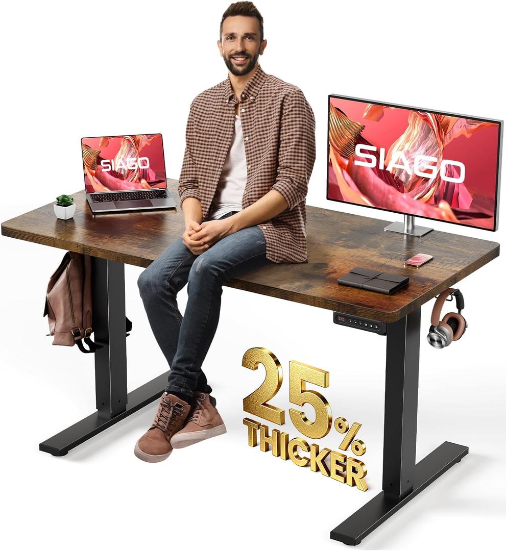SIAGO Electric Standing Desk Adjustable - 48 x 24 Inch Sit Stand up Desk with 0.8 Inch Thick Tabletop - Adjustable Height Table with 3 Memory Preset, Cable Management for Home Office (Vintage Brown)