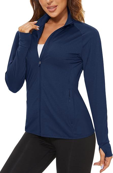  Women's Lightweight Athletic Jacket UPF 50+ Long Sleeve Sun Shirt | Sweatshirt Ladies Tops Activewear Summer Zip Up Pockets UV Protection Light Dry Fit Workout Yoga Exercise Casual Golf Large