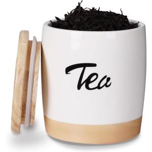 LEETOYI Ceramic Food Storage Containers with Lid,Modern Farmhouse Kitchen Decor, Countertop Food Storage Caddy Organizer, 33oz (Labeled Tea)