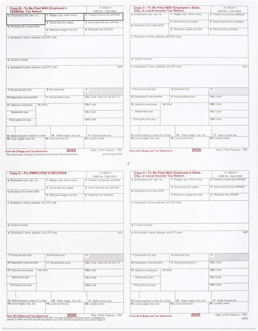 2025 Pre-Printed W2 4-Up Laser Tax Forms Set for 25 Employees