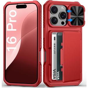 BXYJY for iPhone 16 Pro Phone Case Wallet, Built-in Card Holder (4-5 Cards), Military Grade Protection, Slide Camera Lends Cover, Hard Heavy Duty Women Girly Men Protective Case for iPhone 16 Pro, Red