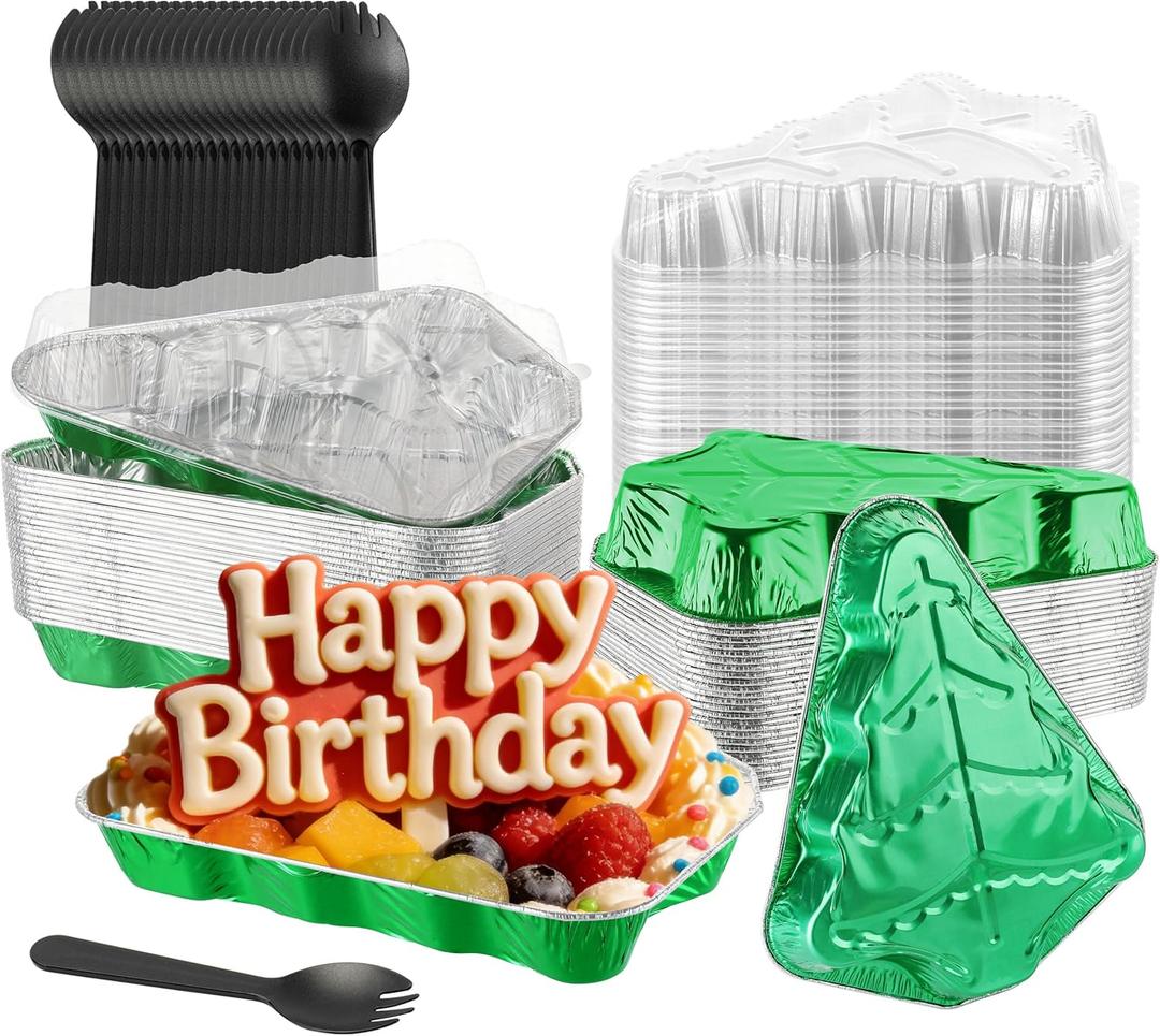 Mini Cake Pans with Lids, BAKINGPAK 25PCS 39OZ Foil Baking Tins with Lids Disposable Mini Aluminum Cake Loaf Pans Individual Cookie Tins for New Year Birthday Party, Green