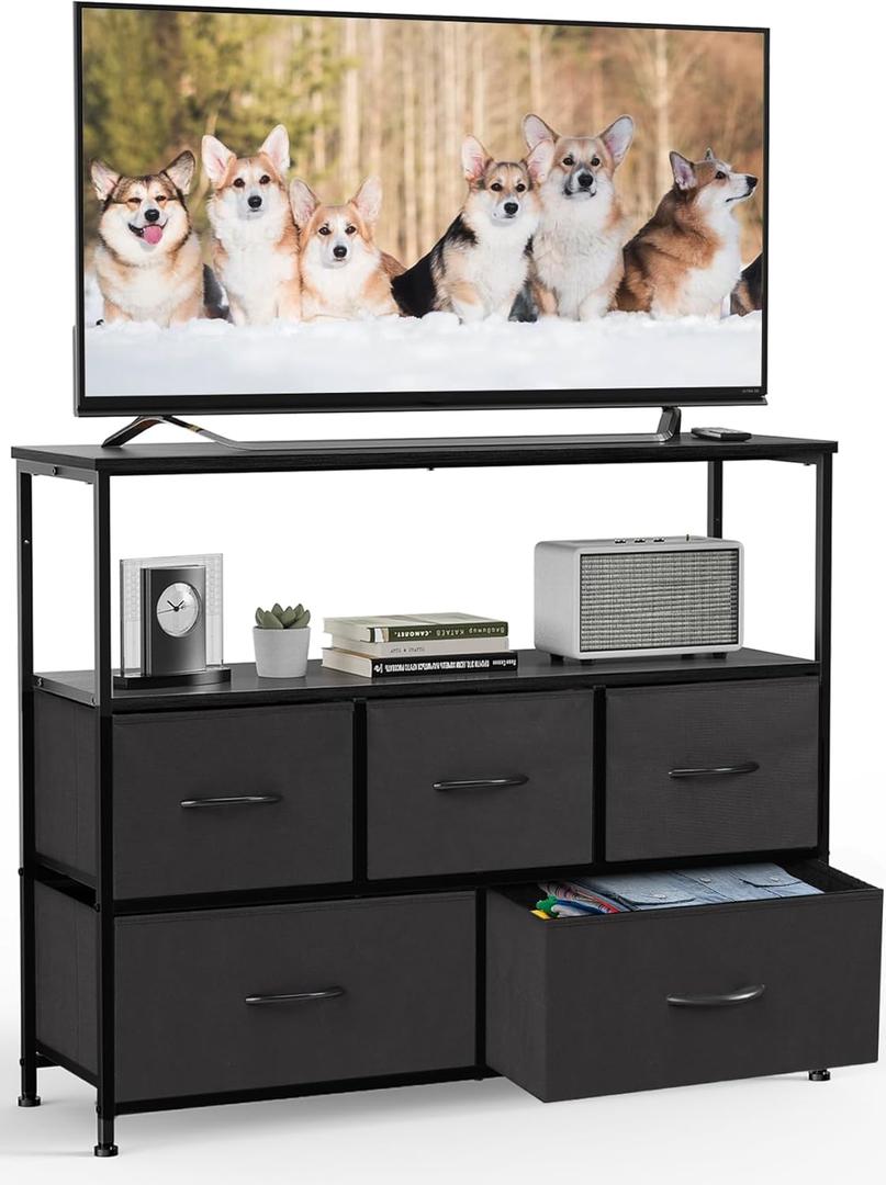 DUMOS TV Stand Dresser for Bedroom Entertainment Center with 5 Fabric Drawers Storage Organizers Units, Media Console Table with Open Shelf up for 45" Television for Living Room, Dorm, Classic Black