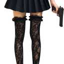 GORGLITTER Women's Lace Socks Ruffle Knee High Fishnets Cute Mesh Sheer Thigh High Stockings (Black)