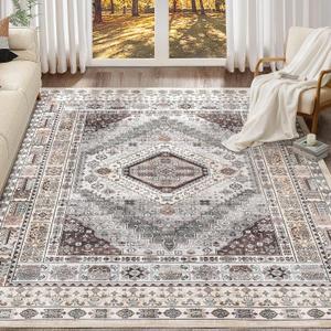 Washable 9x12 Area Rugs for Living Room: Vintage Boho Bohemian Moroccan Floral Soft Large Rug Indoor Floor No Slip Thin Carpet for Bedroom Dining Table Aesthetic Decor - Grey Brown (9' x 12')