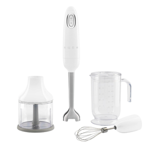 SMEG Handheld Immersion Blender with Beaker, Chopping Bowl w/Lid, Wire Whisk, 5 Speed Controls, made with Stainless Steel Blades and Ergonomic Design