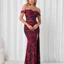 Off Shoulder Corset Long Formal Wedding Guest Dresses for Women Floral Slit Ruched Bodycon Maxi Dress (L)