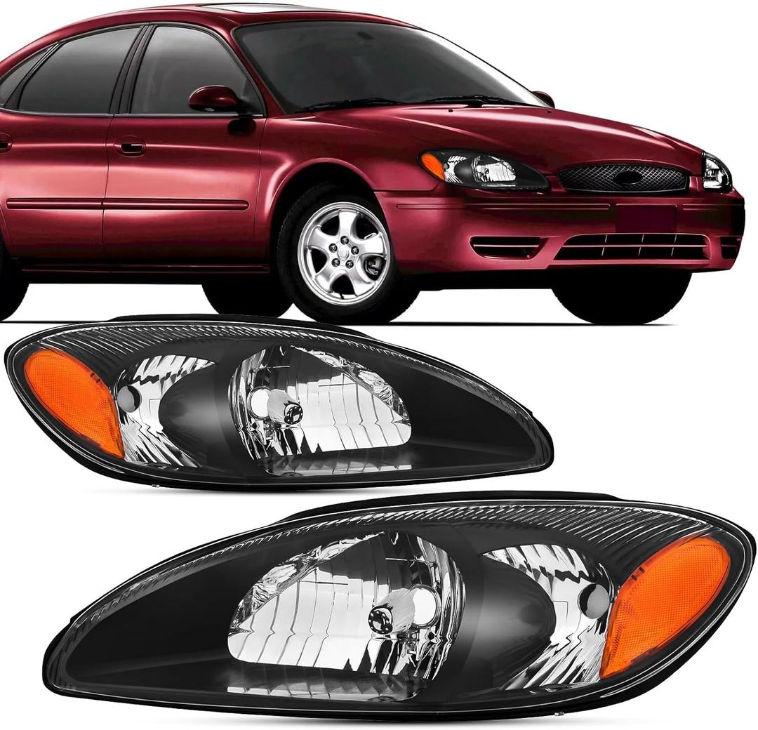 Headlights Assembly Compatible With 2000-2007 Ford Taurus Replacement Headlamp, Driver and Passenger Side, Pair Black Amber 00-07 Taurus Head Light