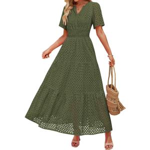 ZESICA Women's 2025 Summer Short Sleeve Maxi Dress Casual V Neck Hollow Out Eyelet Ruffle Swing A Line Long Dresses, Army Green, X-Large ZESICA Women's 2025 Summer Short Sleeve Maxi Dress Casual V Neck Hollow Out Eyelet Ruffle Swing A Line Long Dresses, Army Green, X-Large