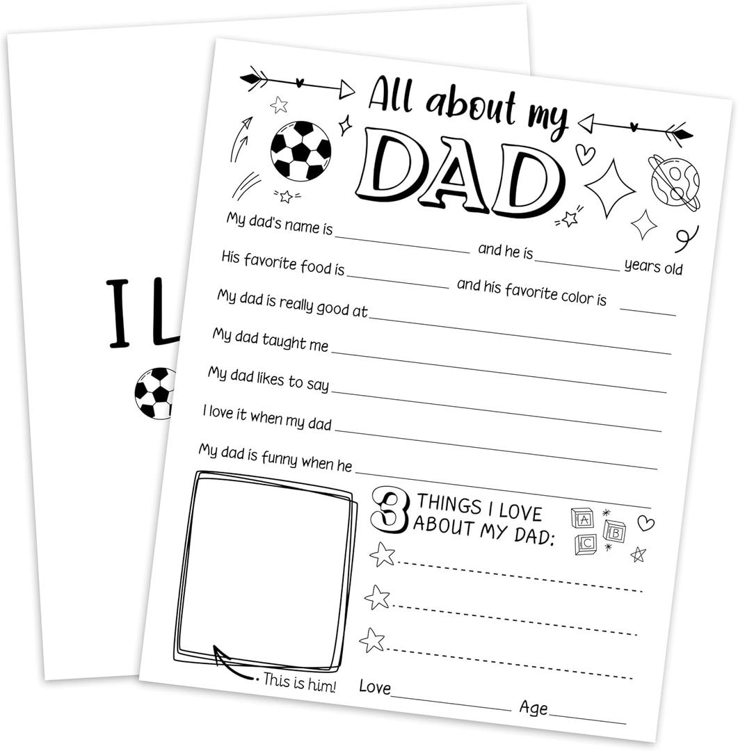 5 Pcs Father's Day Funny Q&A Cards - All About My Dad - Minimalism Fill-in The Blank Coloring Questionnaire Game Cards - Father's Day Birthday DIY Gifts & Keepsake From Daughter Son - A05