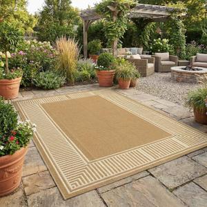 GAOMON Waterproof Outdoor Rug for Patios 9x12 Reversible Plastic Straw Area Rug, Indoor Outdoor Large RV Camping Carpet Mat for Picnic, Backyard, Deck, Balcony, Porch, Beach,Border-Beige