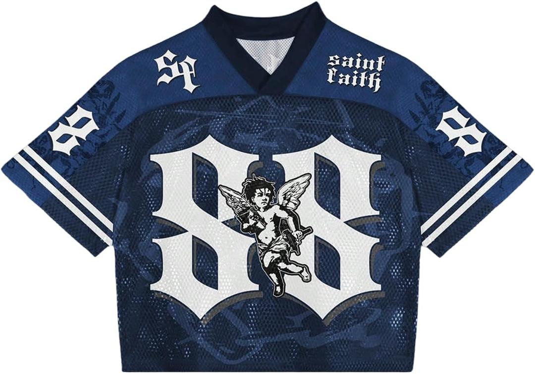 Men's Retro Y2k Mesh Jersey Shirts V Neck Number Graphic Tees Half Sleeve Baggy T Shirt Streetwear (X-Large, Blue)