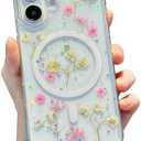 ASONCE Cute Real Flowers for iPhone 16 Plus Case [Compatible with MagSafe] Glitter Magnetic Cover with Pressed Dried Floral Women Girly Phone Case for iPhone" - Clear Sparkly