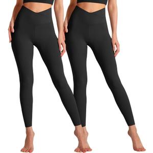 Hmuuo 2 Pack Leggings for Women Cross Waist No See-Through Tummy Control Yoga Pants Workout Running Legging XL
