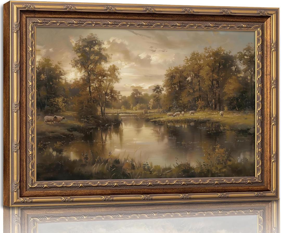 Vintage Gold Framed Landscape Wall Art Vintage River Painting Canvas Prints Landscape Wall Decor Countryside Sheep Painting Style Poster Print Artwork for Living Room Bedroom Home Decoration, 24"L x 16"W