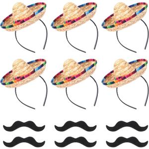 Pasimy 12 Pcs Cinco De Mayo Fiesta Sombrero Headband Hat Fake Mustache Mexican Party Favors Costume Luau Event Photo Props