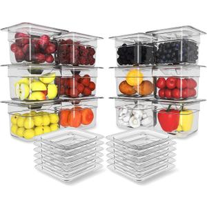 Plastic Clear Food Pan 1/6 Size Stackable Polycarbonate Pan with Capacity Indicator Restaurant Commercial Hotel Pans for Fruits Vegetables Beans Corns (12 PCS, 2.5'' Deep)