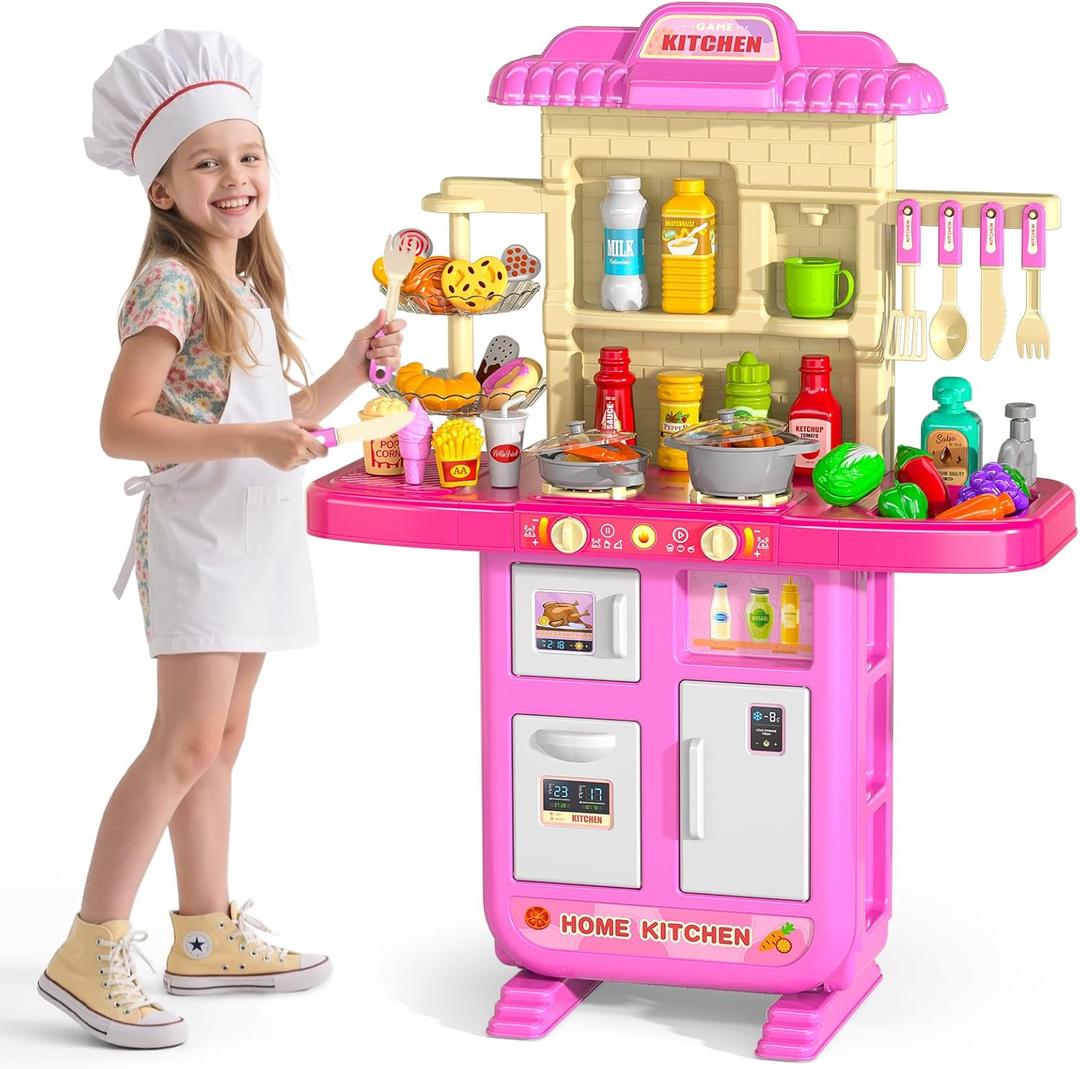 Play Kitchen Playset, Girls Kitchen Toys for Ages 2-6 4-8 with Light, Sound and Spraying, Sink Toy Accessories, Cooking Stoves, Pretend Food for Toddlers 1-3 3-5