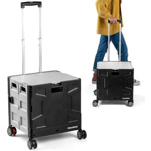 CleverMade Collapsible Wheeled Crate with Lid, 4-Wheels - Swivel and Glide Rolling Crate with Handle and Double Wheels for Easy Transport and Versatile Use - 55L and 100lb Capacity, Cool Gray