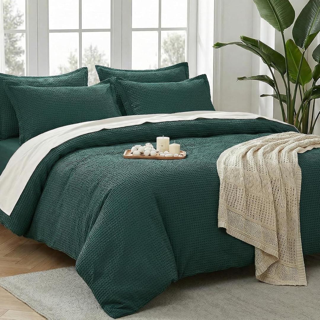 Waffle Weave Duvet Cover California King -100% Cotton Breathable Bedding Set, Easy Care, Soft & Cozy Comforter Cover for All Season with Corner Ties, 3 Pieces with Pillow Shams,104x98(Forest Green)