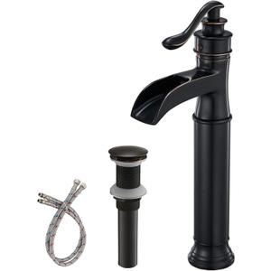 BWE Waterfall Spout Oil Rubbed Bronze Bathroom Faucet Single Handle One Hole Vessel Sink Faucet ORB Lavatory Faucets Deck Mount Tall Body Commercial