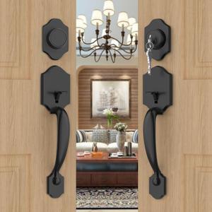 Goldenwarm Double Front Door Lock Set, Black Double Door Handle with Dummy, Double Classic Front Door Hardware Set with Reversible Wave Handle Lever, Matte Black Double Entry Door Lock Set