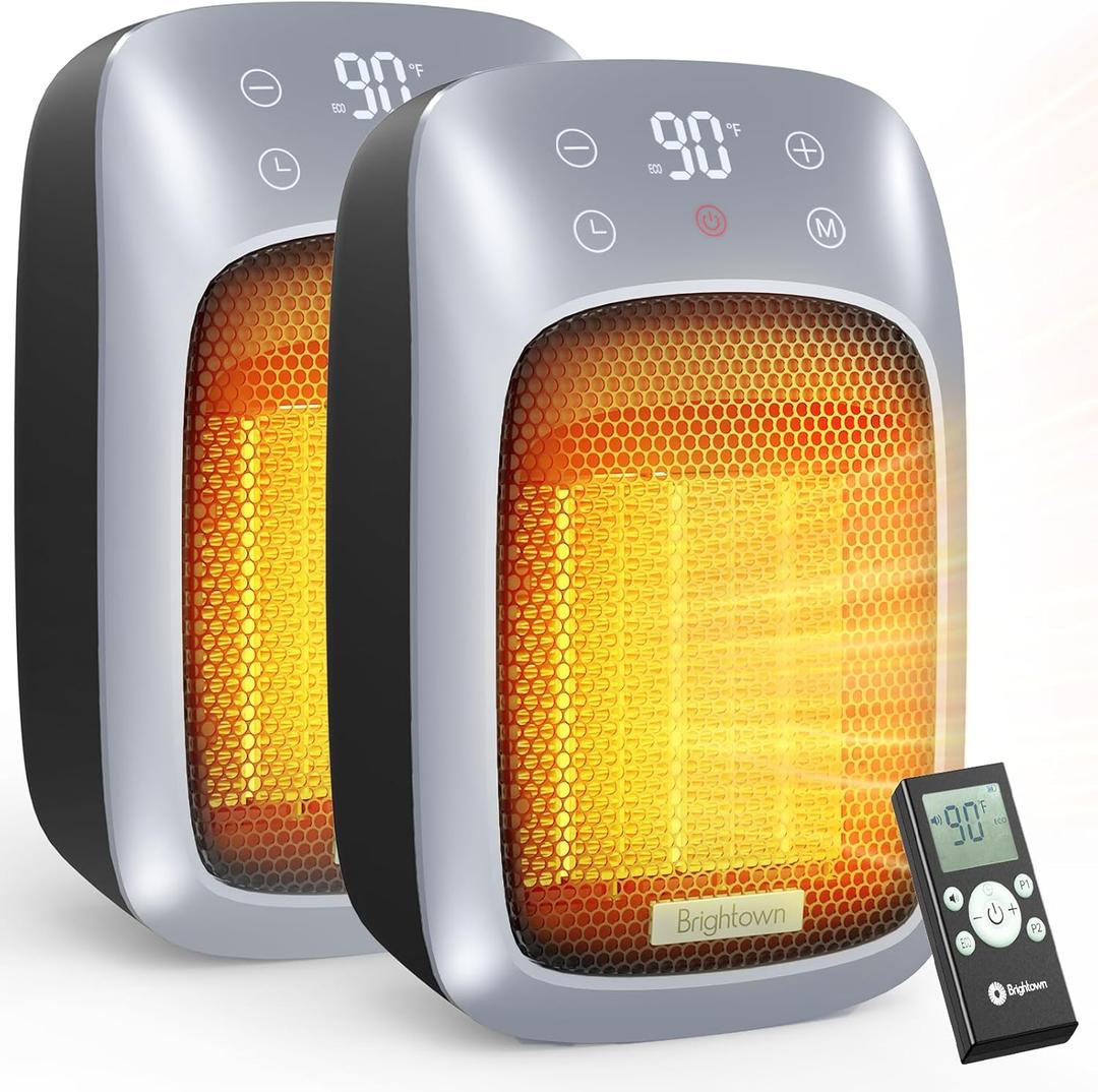 Brightown Portable Plug in Wall Heater for Indoor Use with Thermostat, 800W Small Electric Space Heater with Remote, LED Display, 12H Timer, Quick Heat, Safe for Bathroom Office Bedroom, 2PCS (Silver)